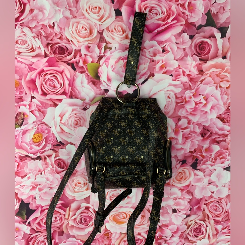 GUESS🤎brown leather like G monogram mini bucket hobo backpack bag - Picture 10 of 13